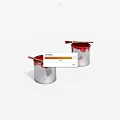 Two White Paint Cans With Red Paint And Brushes On Top