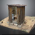 Rustic Wooden Hut With Rusted Roof Open Doorway Bucket Inside On Dirt Ground