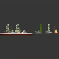 Cartoon Scenic Camping Site with Tepees Green Trees Campfire and Bear Figure