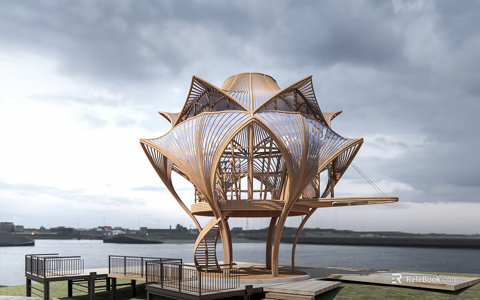 Lotus Shaped Wooden House by Waterfront with Open Design and Wooden Platform Under Cloudy Sky 3d model 