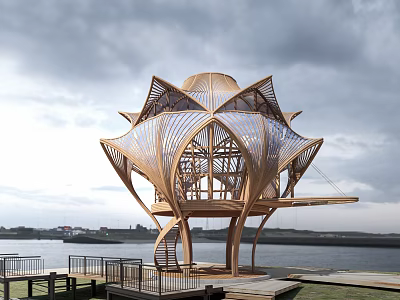 Lotus Shaped Wooden House by Waterfront with Open Design and Wooden Platform Under Cloudy Sky 3d model