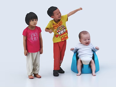 Three Kids Interacting with Standing Girl Pointing Boy and Baby in Blue Chair 3d model