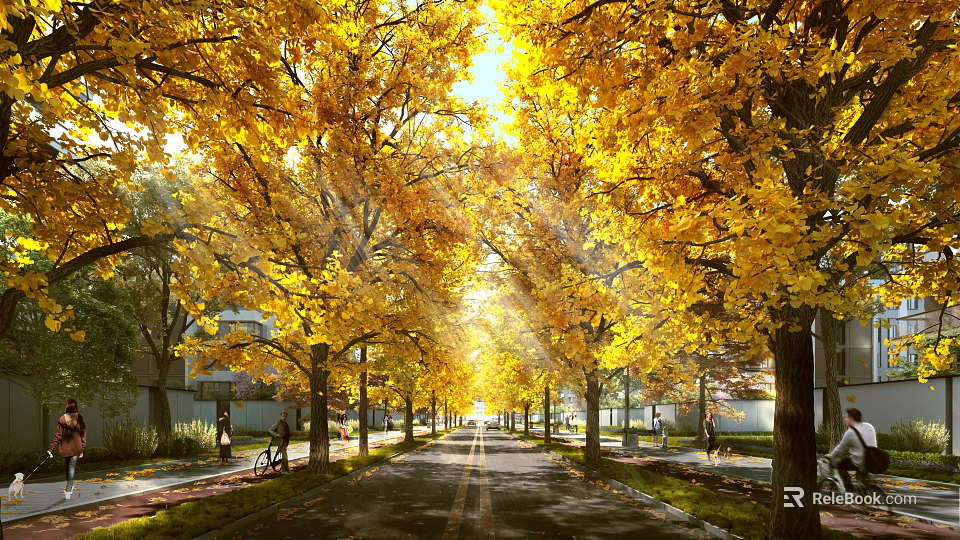 Scenic Autumn Road With Golden Trees And Sunlight Streaming Through Leaves 3d model 