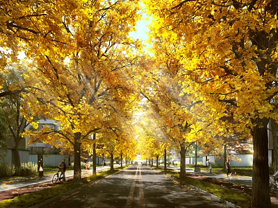 Scenic Autumn Road With Golden Trees And Sunlight Streaming Through Leaves 3d model