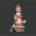 Cartoon Scene With Red And White Lighthouse Small Boat And Green Island