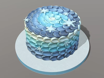 Blue Light Blue Gradient Cake With Scaled Frosting and White Snowflake Decorations on Round Tray 3d model