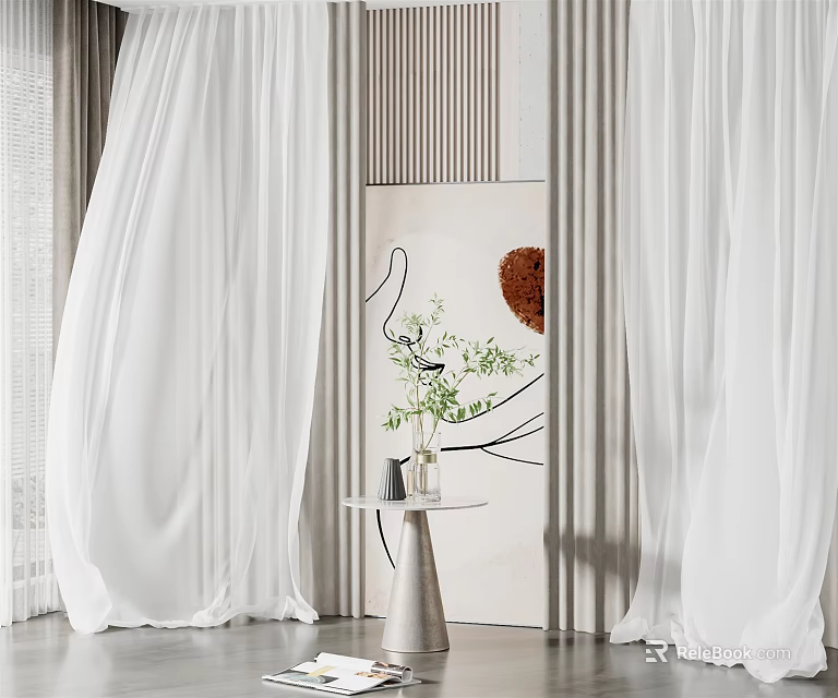 White Sheer Curtains In Modern Minimalist Interior With Abstract Painting And Green Plant 3d model 