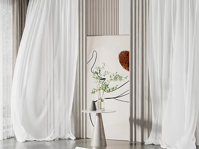 White Sheer Curtains In Modern Minimalist Interior With Abstract Painting And Green Plant 3d model
