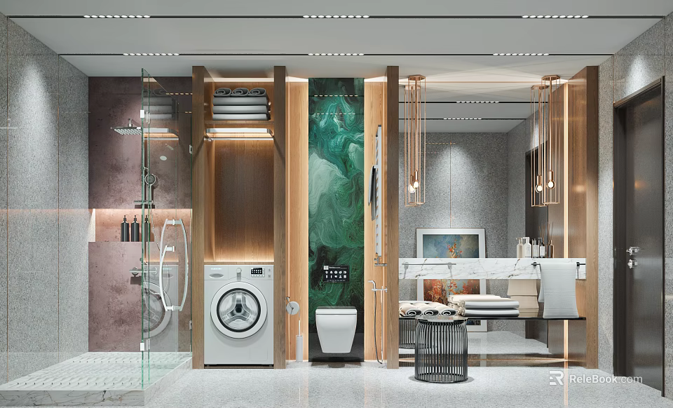 Modern Bathroom Interior With Shower Area Washing Machine Toilet And Marble Wall 3d model 