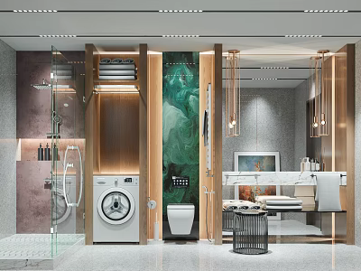 Modern Bathroom Interior With Shower Area Washing Machine Toilet And Marble Wall 3d model