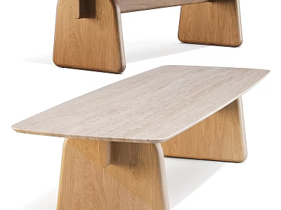 Modern Dining Table With Wooden Legs And Smooth Marble Top Minimalist Design 3d model