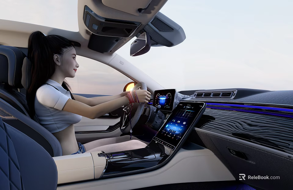Modern Car Interior Featuring Female Driver Touchscreen Display Steering Wheel And Seats 3d model 