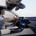 Modern Car Interior Featuring Female Driver Touchscreen Display Steering Wheel And Seats