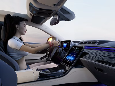 Modern Car Interior Featuring Female Driver Touchscreen Display Steering Wheel And Seats 3d model