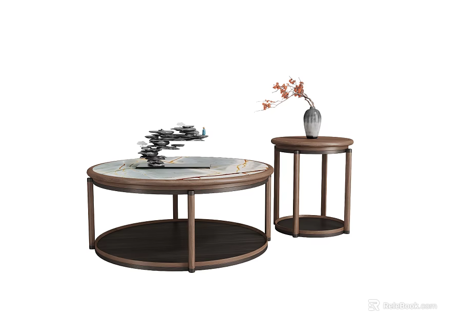 Modern Round Coffee Table With Wooden Frame Marble Top Side Table And Vase Decorative Items 3d model