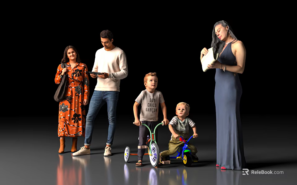 Group of People Including Adults and Children with Toy Tricycles Smartphones and Documents 3d model 