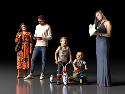 Group of People Including Adults and Children with Toy Tricycles Smartphones and Documents 3d model