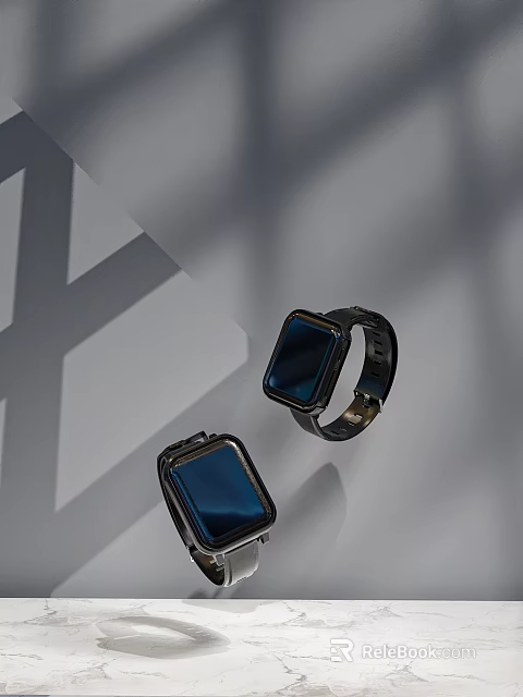 Two Smartwatches With Blue Screen And Black Strap On Geometric Shadow Background 3d model 