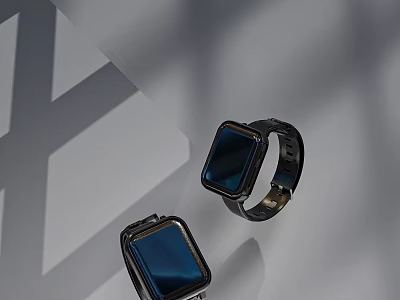 Two Smartwatches With Blue Screen And Black Strap On Geometric Shadow Background 3d model