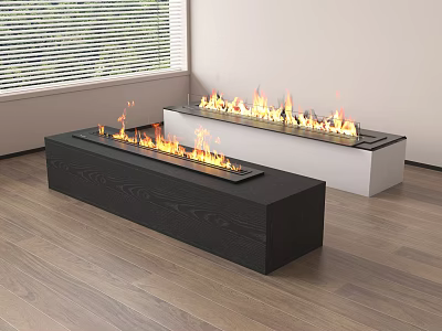 Modern Two Black And White Fireplaces With Burning Flames On Wooden Floor 3d model