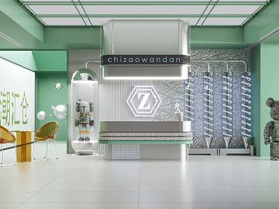 Chizaowandan Store Modern Green Interior With Logo Counter Shelves And Decorative Chairs 3d model
