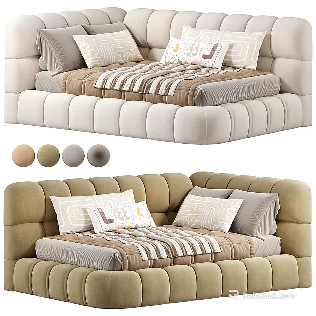 Soft Upholstered Kids Bed With Striped Bedding Multiple Color Options And Decorative Pillows 3d model 