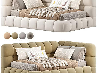 Soft Upholstered Kids Bed With Striped Bedding Multiple Color Options And Decorative Pillows 3d model