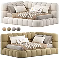 Soft Upholstered Kids Bed With Striped Bedding Multiple Color Options And Decorative Pillows