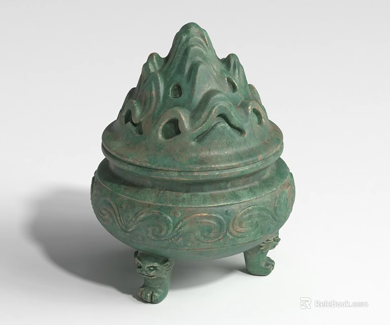 Ancient Bronze Landscape Sculpture With Mountain Shaped Lid Animal Feet And Ornate Patterns 3d model 