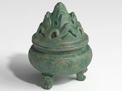 Ancient Bronze Landscape Sculpture With Mountain Shaped Lid Animal Feet And Ornate Patterns 3d model