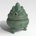 Ancient Bronze Landscape Sculpture With Mountain Shaped Lid Animal Feet And Ornate Patterns