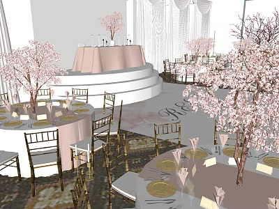 Elegant Banquet Hall Setup with Cherry Blossom Trees Round Tables and Decorative Stage 3d model