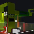 BOSUN Green Exhibition Booth With Lighting Screen Red Stool And Desk Elements 3d model