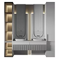 Elegant Modern Bathroom Vanity With Double Washbasins Gold Accents And Round Mirrors