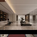 Modern Spacious Gym With Treadmill Rowing Machine And Wall Shelves 3d model