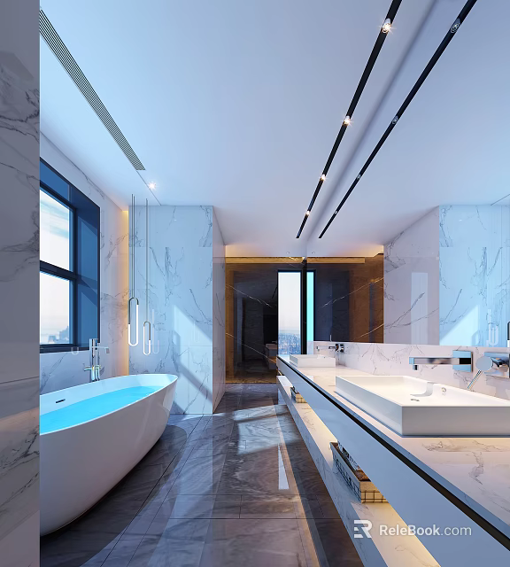 Modern Bathroom Interior Design With Marble Walls Double Sinks Bathtub And Large Mirror 3d model 