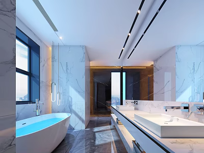 Modern Bathroom Interior Design With Marble Walls Double Sinks Bathtub And Large Mirror 3d model