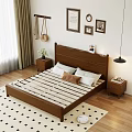 Wooden Double Bed with Cozy Bedding White Brown Linens Wall Art Nightstand and Hanging Lamp