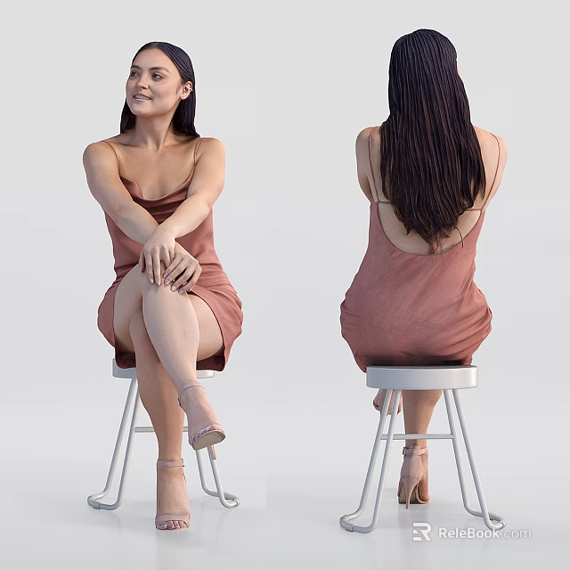 Woman In Brown Dress Sitting On White Stool With Crossed Legs And White Background 3d model 