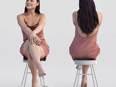 Woman In Brown Dress Sitting On White Stool With Crossed Legs And White Background 3d model
