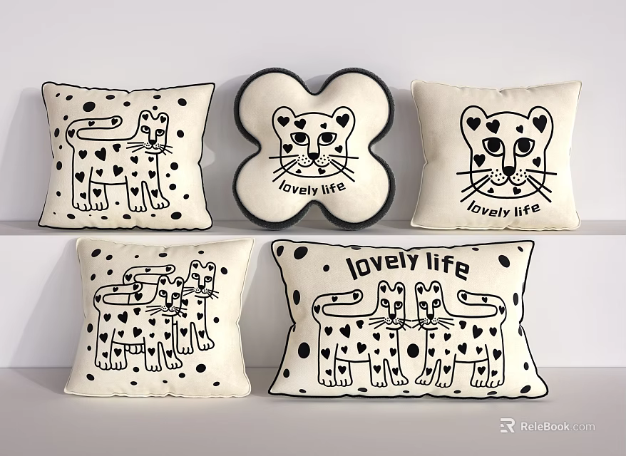 Cute Cartoon Leopard Pillows With Lovely Life Print Square Heart Shaped Black White Decorative Cushions 3d model 