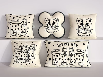 Cute Cartoon Leopard Pillows With Lovely Life Print Square Heart Shaped Black White Decorative Cushions 3d model