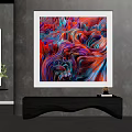 Modern Abstract Painting With Wavy Red Blue Purple Flowing Patterns Hanging On Wall
