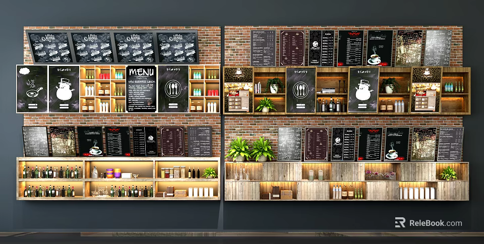 Cafe Display Shelves With Menu Boards Wooden Racks And Decorative Plants 3d model 