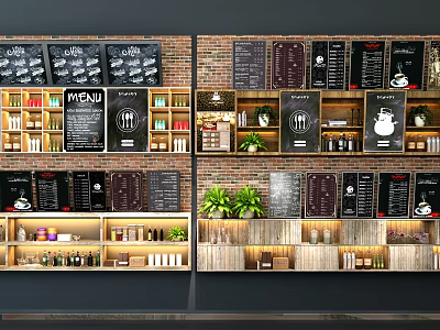 Cafe Display Shelves With Menu Boards Wooden Racks And Decorative Plants 3d model