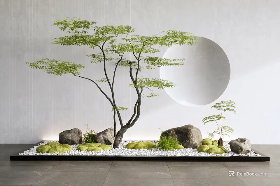 Zen Style Courtyard Garden With Green Tree Circular Wall Opening Stones White Pebbles And Moss 3d model 