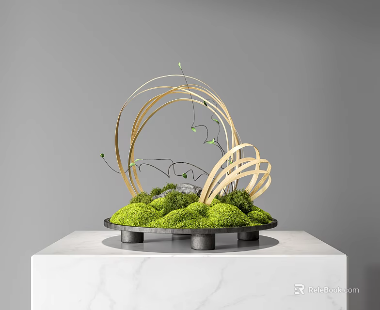 Elegant Bonsai Plant With Green Moss And Golden Curved Decorations On Marble Tabletop 3d model 