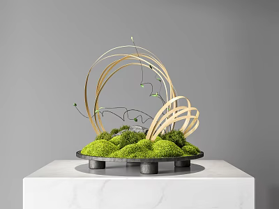 Elegant Bonsai Plant With Green Moss And Golden Curved Decorations On Marble Tabletop 3d model