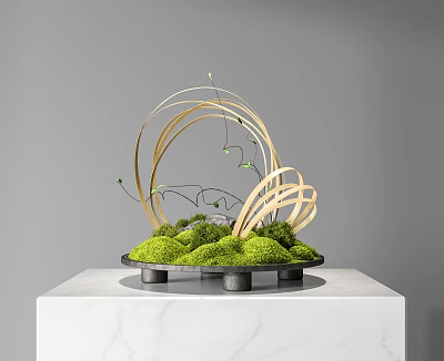 Elegant Bonsai Plant With Green Moss And Golden Curved Decorations On Marble Tabletop 3d model