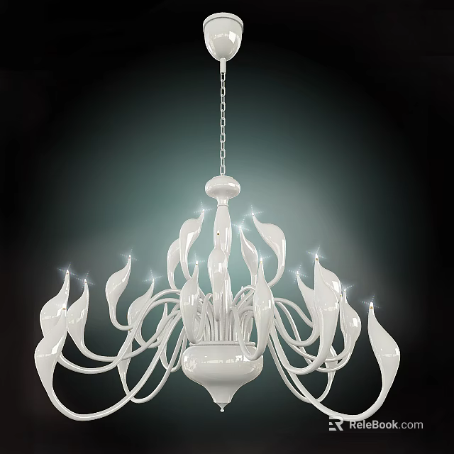 Unique White Chandelier with Curved Petal Design and Multiple Hanging Lights for Modern Decor 3d model 